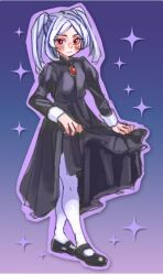 Rule 34 | 1girl, bloody marie (skullgirls), brooch, clothes lift, dress, dress lift, full body, grey hair, hakainoika, jewelry, juliet sleeves, long sleeves, mary janes, pantyhose, puffy sleeves, purple background, red eyes, shoes, sketch, skullgirls, solo, sparkle, twintails
