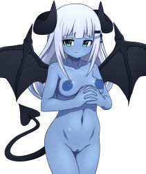 Rule 34 | 1girl, arms under breasts, blue eyes, blue nipples, blue skin, blush, breasts, censored, cleft of venus, closed mouth, colored nipples, colored skin, demon girl, demon tail, demon wings, hair ornament, horns, idolmaster, idolmaster million live!, idolmaster million live! theater days, kevin.g.tuck, navel, nipples, nude, pussy, shiny skin, shiraishi tsumugi, simple background, small breasts, solo, tail, white background, white hair, wings