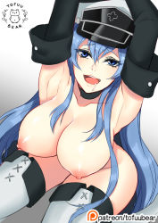 Rule 34 | 10s, 1girl, akame ga kill!, armpits, arms up, artist name, blue eyes, blue hair, breasts, collar, collarbone, curvy, elbow gloves, esdeath, gloves, hat, large breasts, long hair, looking at viewer, matching hair/eyes, nipples, open mouth, patreon, puffy nipples, saliva, solo, thighhighs, tofuubear, watermark, web address, wide hips