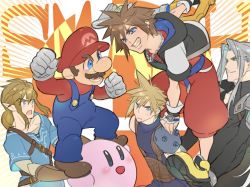 Rule 34 | blonde hair, blue eyes, blue overalls, brown hair, carrying, carrying person, cloud strife, facial hair, final fantasy, final fantasy vii, fingerless gloves, gloves, hat, jewelry, kibasen, kingdom hearts, kingdom hearts i, kirby, kirby (series), link, male focus, mario, mario (series), multiple boys, mustache, necklace, nintendo, open mouth, overalls, pointy ears, red hair, ryouto, sephiroth, short hair, silver hair, smile, sora (kingdom hearts), spiked hair, square enix, super smash bros., the legend of zelda, the legend of zelda: breath of the wild