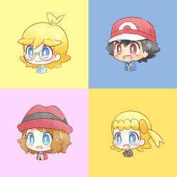 Rule 34 | 2boys, 2girls, ahoge, akasaka (qv92612), ash ketchum, baseball cap, black hair, blonde hair, blue eyes, blush stickers, bonnie (pokemon), brother and sister, brown eyes, chibi, clemont (pokemon), closed mouth, commentary request, creatures (company), eyelashes, game freak, happy, hat, multiple boys, multiple girls, nintendo, open mouth, pokemon, pokemon (anime), pokemon xy (anime), serena (pokemon), siblings, smile, tongue
