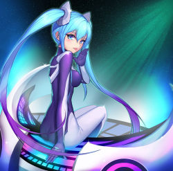 Rule 34 | 1girl, ass, bad id, bad pixiv id, black bodysuit, blue eyes, blue hair, blush, bodysuit, breasts, dduck kong, dj sona, hair ornament, highres, league of legends, long hair, looking at viewer, looking back, medium breasts, open mouth, sitting, smile, solo, sona (league of legends), tongue, tongue out, twintails