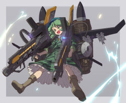 Rule 34 | 1girl, ammunition, aqua hat, boots, border, brown footwear, camouflage, camouflage jacket, camouflage skirt, flat cap, full body, green eyes, green hair, green jacket, green skirt, grey background, grey border, gun, hat, holding, holding weapon, jacket, key, long sleeves, missile, open mouth, short hair, simple background, skirt, solo, syope, touhou, weapon, wings, yamashiro takane