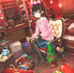 Rule 34 | 1girl, aiuabo, animal, bag, bed, bedroom, black cat, black eyes, black hair, black pantyhose, blanket, blue dress, blue flower, blue skirt, book, bow, box, cat, chair, chest of drawers, christmas, christmas stocking, christmas tree, clothed animal, commentary request, cup, desk, dress, flower, gift, gift box, grey sweater, hair bow, hand on lap, hand on own knee, heart, heart-shaped pillow, heater, highres, ladder, lamp, long hair, long sleeves, looking at viewer, mouse (animal), mug, neckerchief, night, origami, original, pantyhose, paper, pillow, pink shirt, pleated skirt, pocket, ponytail, red flower, red skirt, shelf, shirt, shopping bag, sidelocks, sitting, skirt, smile, snack, solo, star (symbol), sweater, vial, white neckerchief, window