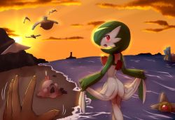 Rule 34 | 1girl, ass, beach, beach umbrella, blush, clothes lift, cloud, creatures (company), disembodied limb, dress, dress lift, female focus, from behind, game freak, gardevoir, gen 1 pokemon, gen 3 pokemon, gen 7 pokemon, green hair, hair over one eye, hands up, happy, highres, lapras, lifted by self, looking at viewer, looking back, looking to the side, nintendo, ocean, open mouth, orange sky, outdoors, pelipper, pokemon, pokemon (creature), pov, pyukumuku, red eyes, sandygast, short hair, shovel, sky, smile, standing, staryu, sunset, umbrella, wading, walking, water, wingull, yu yun