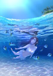 Rule 34 | 1girl, absurdres, air bubble, bikini, blue eyes, brown hair, bubble, fish, highres, long hair, ocean, original, partially submerged, partially underwater shot, swimming, swimsuit, underwater, water