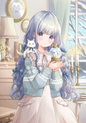 Rule 34 | 1girl, absurdres, blue eyes, blue hair, book, bow, briefcase, candlestand, cat, green curtains, hair bow, highres, holding, hoshiibara mato, indoors, lamp, looking at viewer, original, painting (object), snow globe, solo, winter