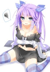 Rule 34 | 1girl, bare shoulders, blue eyes, blush, breast hold, breasts, cleavage, collarbone, hair ribbon, highres, kakao (chocolate land), long hair, midriff, navel, off shoulder, open mouth, original, purple hair, ribbon, sitting, skirt, solo, spoken squiggle, squiggle, strap slip, striped clothes, striped thighhighs, thighhighs, twintails, wariza, yukaribe setsuko, zettai ryouiki