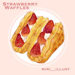 Rule 34 | dessert, english text, food, food focus, fruit, highres, miri illust, no humans, original, strawberry, waffle, whipped cream