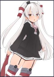 Rule 34 | 1girl, amatsukaze (kancolle), black border, black dress, black panties, blush, border, brown eyes, caburi, commentary request, cowboy shot, dress, grey hair, hair between eyes, hair tubes, highres, kantai collection, long hair, long sleeves, open mouth, panties, red thighhighs, sailor collar, sailor dress, see-through, simple background, solo, thighhighs, thighhighs pull, two side up, underwear, white background, white sailor collar