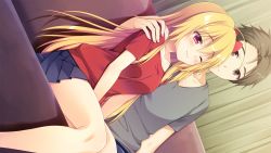 Rule 34 | 1boy, 1girl, ahoge, bare shoulders, blonde hair, blue skirt, blush, bow, brown eyes, brown hair, closed mouth, collarbone, couch, dutch angle, feet out of frame, fuyuichi monme, game cg, grey shirt, hair bow, hand on shoulder, highres, indoors, long hair, looking at another, official art, one eye closed, red bow, red eyes, red shirt, ren&#039;ai karichaimashita, segawa emi, shinkai yuki, shirt, sitting, skirt, smile