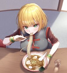 Rule 34 | 1girl, absurdres, arms (game), bar stool, blonde hair, bowl, breasts, chopsticks, eating, food, glass, green eyes, grey vest, highres, large breasts, leaning forward, looking at viewer, min min (arms), no headwear, no mask, noodles, ramen, red shirt, ringed eyes, shirt, short hair, short sleeves, solo, stool, table, taro (peach taro51), vest, water
