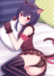 Rule 34 | 1girl, absurdres, animal ears, arm ribbon, ass, asymmetrical legwear, bare shoulders, bed, black panties, black thighhighs, blush, breasts, cat ears, cat tail, closed mouth, commentary request, crotch seam, dress, firepo, frilled dress, frills, gloves, hair between eyes, hairband, hands up, head tilt, highres, hugging object, idolmaster, idolmaster shiny colors, looking at viewer, looking up, lying, mismatched legwear, morino rinze, on bed, on side, panties, pillow, pillow hug, pink ribbon, polka dot, polka dot legwear, purple dress, purple gloves, purple hair, red eyes, ribbon, short hair, short twintails, small breasts, solo, striped clothes, striped thighhighs, tail, thighhighs, twintails, underwear, vertical-striped clothes, vertical-striped thighhighs