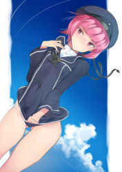Rule 34 | 10s, 1boy, bad id, bad pixiv id, blush, bottomless, clothes pull, cloud, coin rand, commentary request, cowboy shot, genderswap, genderswap (ftm), gluteal fold, gradient background, hat, kantai collection, male focus, neckerchief, pink eyes, pink hair, ribbon, shirt pull, shirt tug, short hair, sky, solo, thigh gap, thighs, trap, wind, wind lift, z3 max schultz (kancolle)