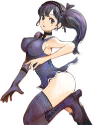 Rule 34 | 1girl, armpits, black hair, boots, breasts, covered erect nipples, earrings, gloves, gradient hair, hair ornament, hairclip, jewelry, kazaana, large breasts, long hair, multicolored hair, no bra, original, ponytail, side ponytail, simple background, single glove, solo, star (symbol), thighhighs, white background