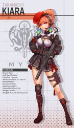 Rule 34 | 1girl, ammunition pouch, asymmetrical legwear, beret, black skirt, boots, bra, breasts, character name, character profile, cleavage, cleavage cutout, clothing cutout, contrapposto, copyright name, cross-laced footwear, earpiece, earrings, feather earrings, feathers, fingerless gloves, gloves, gun, gun sling, halftone, halftone background, hand on own hip, hat, high ponytail, highres, holding, holding gun, holding weapon, hololive, hololive english, jewelry, lace-up boots, large breasts, long hair, looking at viewer, myo-zin, orange hair, pink eyes, pleated skirt, pouch, red headwear, skindentation, skirt, takanashi kiara, thigh pouch, underwear, uneven legwear, virtual youtuber, weapon, weapon request, white bra, white hood