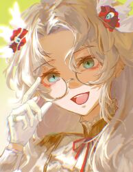 Rule 34 | 1girl, adjusting eyewear, aia amare, aia amare (3rd costume), aqua eyes, blonde hair, diamond-shaped pupils, diamond (shape), earrings, glasses, gloves, highres, jewelry, long hair, looking at viewer, nijisanji, nijisanji en, open mouth, pipixiu77, solo, symbol-shaped pupils, virtual youtuber, white gloves