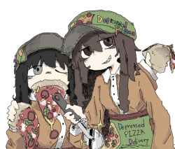 Rule 34 | 2girls, apron, arm around shoulder, arm up, bags under eyes, baseball cap, black hair, brown eyes, brown hair, collared shirt, employee uniform, english text, food, food in mouth, glint, grey eyes, grin, hand up, hat, highres, holding, holding food, holding pizza, long hair, looking at viewer, mouth hold, multiple girls, one eye closed, orange shirt, original, pizza, pizza cutter, pizza slice, print headwear, raised eyebrow, sharp teeth, shirt, simple background, smile, teeth, torosakana, uniform, waist apron, wavy mouth, white background