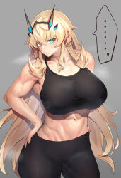 Rule 34 | 1girl, abs, bare shoulders, black pants, black sports bra, blonde hair, breasts, collarbone, barghest (fate), fate/grand order, fate (series), green eyes, highres, horns, large breasts, long hair, looking at viewer, minami koyogi, muscular, muscular female, navel, pants, solo, sports bra, sweat, thighs, very long hair, yoga pants