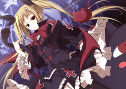 Rule 34 | 1girl, :3, absurdres, arc system works, black dress, blazblue, blonde hair, bow, bowtie, cat, cross print, dress, expressionless, frilled sleeves, frills, hair ribbon, highres, inugami kira, lolita fashion, long hair, looking at viewer, monster, rachel alucard, red bow, red eyes, ribbon, twintails, very long hair
