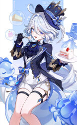 1girl aamoooon_e ascot black_ascot black_gloves blue_eyes blue_hair blush bubble cake commentary eating food food_on_face fork furina_(genshin_impact) genshin_impact gentilhomme_usher gloves hair_between_eyes hat highres holding holding_plate jacket long_hair long_sleeves looking_at_viewer mademoiselle_crabaletta open_mouth plate short_shorts shorts simple_background sparkle surintendante_chevalmarin symbol-only_commentary thigh_strap top_hat twitter_username very_long_hair white_gloves white_hair white_shorts