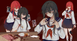 Rule 34 | absurdres, axe, black hair, blood, blood on clothes, blood on face, blood on hands, bloody weapon, blue eyes, drawing (object), highres, letter, long sleeves, nail, open mouth, original, red background, red hair, red neckwear, rionkun81, sailor collar, school uniform, serafuku, shaded face, shirt, simple background, socks, weapon, white legwear, white shirt, yandere, yellow eyes, yuri
