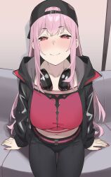 Rule 34 | 1girl, absurdres, backwards hat, baseball cap, belt, black hat, black jacket, black pants, blunt bangs, blush, breasts, byeon dha, crop top, hat, headphones, headphones around neck, highres, hololive, hololive english, hood, hooded jacket, jacket, large breasts, long hair, long sleeves, looking at viewer, midriff, mori calliope, mori calliope (new underworld order), nail polish, navel, nose blush, official alternate costume, pants, pink hair, q (hololive), red eyes, red nails, red shirt, shirt, sidelocks, sitting, smile, solo, very long hair, virtual youtuber
