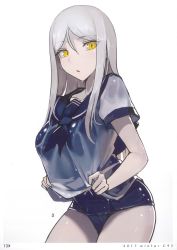 Rule 34 | 1girl, absurdres, abyssal ship, alternate costume, blue one-piece swimsuit, breasts, collarbone, eyebrows, eyes visible through hair, grey background, highres, kantai collection, large breasts, long hair, looking at viewer, one-piece swimsuit, pale skin, scan, school swimsuit, see-through, short sleeves, simple background, solo, swimsuit, swimsuit under clothes, ta-class battleship, thighs, upper body, walzrj, wet, wet clothes, white hair, yellow eyes