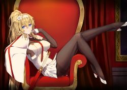 Rule 34 | 1girl, absurdres, artist request, ass, between breasts, black pantyhose, blonde hair, blue eyes, breasts, bridal gauntlets, capelet, chair, covered erect nipples, duke of york (zhan jian shao nyu), gloves, hairband, hand on own face, high heels, highres, huang (pixiv3580877), large breasts, leg lift, legs, long hair, long legs, looking at viewer, necktie, necktie between breasts, pantyhose, sitting, smile, solo, thighband pantyhose, warship girls r