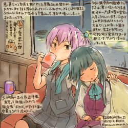 Rule 34 | 10s, 2girls, aqua bow, aqua bowtie, black skirt, black vest, blouse, blue eyes, bow, bowtie, commentary request, cup, dated, dress, drinking, grey hair, hayashimo (kancolle), holding, holding cup, kantai collection, kirisawa juuzou, long hair, long sleeves, mug, multiple girls, night, no gloves, numbered, pink hair, pleated skirt, ponytail, red ribbon, ribbon, school uniform, shiranui (kancolle), shirt, short hair, short sleeves, sitting, skirt, sleeping, sleeveless, sleeveless dress, traditional media, translation request, twitter username, vest, white shirt, window