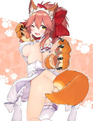 Rule 34 | 1girl, animal ear fluff, animal ears, animal hands, apron, ass, asymmetrical legwear, bad id, bad pixiv id, bell, blush, breasts, butt crack, cat hair ornament, cat paws, collar, commentary, commentary request, fang, fangs, fate/grand order, fate (series), fox ears, fox girl, fox tail, gloves, hair ornament, hair ribbon, highres, jingle bell, large breasts, long hair, looking at viewer, looking back, maid headdress, naked apron, neck bell, one eye closed, open mouth, paw gloves, pink hair, ponytail, red ribbon, ribbon, sideboob, skin fang, solo, tail, tamamo (fate), tamamo cat (fate), tamamo cat (third ascension) (fate), uneven legwear, white legwear, yoshinobori
