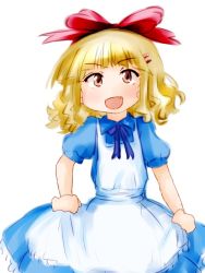 Rule 34 | 1girl, alice (alice in wonderland), apron, blonde hair, blue dress, blunt bangs, bow, curtsey, dress, fang, hair bow, hair ornament, hairclip, happy, large bow, ma.ru, oomuro sakurako, red bow, simple background, smile, solo, white background