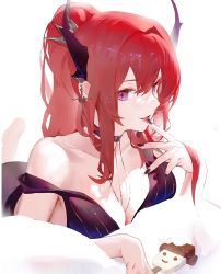 Rule 34 | 1girl, alternate hairstyle, arknights, atianshi, black choker, black dress, breasts, choker, cleavage, collarbone, demon girl, demon horns, dress, food, high ponytail, highres, holding, holding food, horns, ice cream, large breasts, licking, licking finger, long hair, looking at viewer, lying, on stomach, popsicle, purple eyes, red hair, solo, strap slip, surtr (arknights), tongue, tongue out
