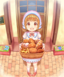 Rule 34 | 1girl, :d, alba (little witches), apron, basket, bow, bowtie, bread, brown eyes, brown hair, carrying, croissant, door, employee uniform, flower, flower pot, food, frills, from above, head scarf, heart, heart-shaped pupils, highres, holding, kneehighs, loafers, long sleeves, looking at viewer, open mouth, original, outdoors, pavement, pigeon-toed, plant, potted plant, ribbon, shoes, short twintails, smile, socks, solo, storefront, symbol-shaped pupils, twintails, uniform, white socks, window