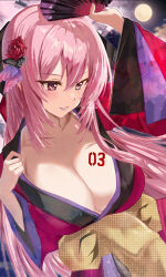 Rule 34 | 1girl, arm up, blush, breast tattoo, breasts, cherry blossoms, cleavage, collarbone, commentary, flower, full moon, hair between eyes, hair flower, hair ornament, hand fan, highres, holding, holding fan, japanese clothes, kimono, large breasts, long hair, megurine luka, moon, night, night sky, number tattoo, outdoors, pink hair, pink kimono, red flower, red rose, roozaku, rose, sky, smile, solo, tattoo, upper body, vocaloid, wide sleeves