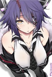Rule 34 | 1girl, bare shoulders, checkered clothes, checkered necktie, commentary request, eyepatch, from above, hair between eyes, headgear, highres, ifuji shinsen, kantai collection, looking at viewer, necktie, purple hair, school uniform, shirt, short hair, sleeveless, sleeveless shirt, solo, tenryuu (kancolle), yellow eyes
