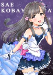 Rule 34 | 10s, 1girl, bead bracelet, beads, black eyes, black hair, bracelet, character name, dress, emicii, flower, frenchmaid (made in frenchmaid), gloves, hair flower, hair ornament, highres, idolmaster, idolmaster cinderella girls, idolmaster cinderella girls starlight stage, jewelry, kobayakawa sae, long hair, pocket watch, smile, solo, symbol-shaped pupils, thighhighs, watch