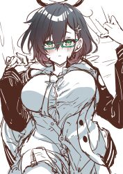 Rule 34 | 1girl, absurdres, blue archive, blue hair, blush, breasts, chihiro (blue archive), glasses, green-framed eyewear, green eyes, hair ornament, halo, highres, large breasts, looking at viewer, lying, necktie, on back, school uniform, shirt, short hair, simple background, sketch, solo, vent vert (kuuya)