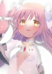 Rule 34 | 1girl, absurdres, blush, bow, breasts, chest cutout, choker, commentary request, feathers, frilled sleeves, frills, hachusan111, hair bow, highres, kaname madoka, long hair, looking at viewer, mahou shoujo madoka magica, mahou shoujo madoka magica (anime), parted lips, pink hair, short sleeves, simple background, small breasts, smile, solo, two side up, ultimate madoka, upper body, white background, white bow, white choker, white feathers, yellow eyes