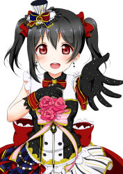 Rule 34 | 10s, 1girl, :d, absurdres, black gloves, black hair, bow, bowtie, buttons, cafe maid (love live!), costume request, earrings, flower, gloves, hair bow, hand on own chest, hat, highres, jewelry, looking at viewer, love live!, love live! school idol festival, love live! school idol project, musical note, open mouth, outstretched arm, red bow, red bowtie, red eyes, rose, satoharu, simple background, skirt, smile, solo, treble clef, twintails, uniform, upper body, white background, white skirt, yazawa nico