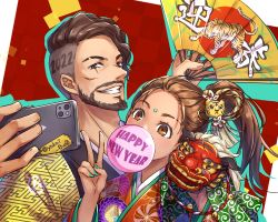 Rule 34 | 1boy, 1girl, 2022, animification, apex legends, black kimono, brown hair, cellphone, chewing gum, chinese zodiac, facial hair, facial mark, forehead mark, goatee, hand fan, head tilt, holding, holding fan, holding mask, holding phone, japanese clothes, kimono, mask, mirage (apex legends), new year, phone, rampart (apex legends), red kimono, scar, scar across eye, scar on face, side ponytail, smartphone, smile, v, year of the tiger, yokoi aya