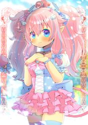Rule 34 | 1girl, ahoge, asymmetrical legwear, blue bow, blue eyes, blue hair, blue thighhighs, blush, bow, breasts, closed mouth, cowboy shot, demon tail, hair between eyes, hair bow, hands on own chest, hands up, horns, indie virtual youtuber, kou hiyoyo, layered skirt, long hair, looking at viewer, medium breasts, mismatched legwear, multicolored clothes, multicolored hair, pink hair, pink skirt, pink thighhighs, pleated skirt, pointy ears, puffy short sleeves, puffy sleeves, short sleeves, sidelocks, skirt, smile, solo, standing, star (symbol), star print, streaked hair, tail, tenshimi (vtuber), thighhighs, twintails, virtual youtuber