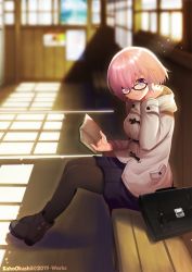 Rule 34 | 1girl, ankle boots, artist name, bench, black-framed eyewear, black footwear, black pantyhose, blurry, blurry background, blush, book, boots, briefcase, closed mouth, coat, day, depth of field, duffel coat, fate/grand order, fate (series), from side, full body, glasses, grey coat, hair over one eye, hallway, hand on own neck, highres, holding, holding book, hood, hooded coat, indoors, kaho okashii, legs together, long sleeves, looking at viewer, looking to the side, mash kyrielight, mash kyrielight (fgo x lawson), medium skirt, official alternate costume, open book, pantyhose, pink hair, purple skirt, school, school briefcase, short hair, sitting, skirt, smile, solo, sunlight, window