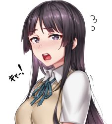 Rule 34 | 1girl, akiyama mio, black eyes, black hair, blue ribbon, blush, breasts, collared shirt, from side, highres, k-on!, long hair, looking at viewer, medium breasts, neck ribbon, open mouth, ribbon, school uniform, shirt, sidelocks, simple background, solo, sweater, sweater vest, tears, teeth, upper body, upper teeth only, upset, v-neck, vest, white background, wing collar, yakimi 27