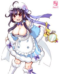 Rule 34 | 1girl, ahoge, artist logo, blue dress, breasts, cleavage, commentary request, cosplay, dated, dress, feet out of frame, flower knight girl, hair flaps, highres, kanon (kurogane knights), kantai collection, kneehighs, large breasts, long hair, looking at viewer, low twintails, magical girl, purple hair, red eyes, shabonsou (flower knight girl), shabonsou (flower knight girl) (cosplay), simple background, socks, solo, taigei (kancolle), twintails, wand, white background, white socks