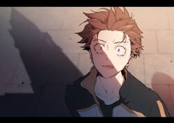Rule 34 | 1boy, absurdres, black shirt, black track suit, brown hair, collarbone, floating hair, from above, hair slicked back, highres, inawa akito, jacket, looking ahead, looking at object, looking up, male focus, natsuki subaru, open mouth, re:zero kara hajimeru isekai seikatsu, red eyes, red pupils, shadow, shirt, solo, surprised, teeth, track suit, upper teeth only, wide-eyed