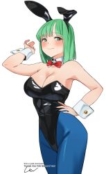 1girl absurdres animal_ear_hairband animal_ears black_leotard blue_pantyhose bow bowtie breasts bulma cleavage commission detached_collar dragon_ball dragon_ball_(classic) english_text fake_animal_ears green_eyes green_hair hairband hand_on_own_hip highres large_breasts leotard lewdrawings pantyhose playboy_bunny rabbit_ears red_bow red_bowtie short_hair signature simple_background solo strapless strapless_leotard white_background wrist_cuffs