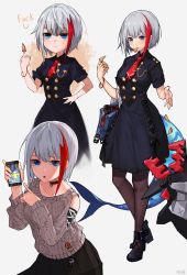 Rule 34 | 1girl, admiral graf spee (azur lane), admiral graf spee (girl&#039;s sunday) (azur lane), admiral graf spee (peaceful daily life) (azur lane), azur lane, bag, black dress, blue eyes, blunt bangs, breasts, broken screen, bugles, bugles (food), bugles on fingers, cellphone, dress, english text, fins, fish tail, food on hand, handbag, highres, middle finger, military, military uniform, multicolored hair, multiple views, necktie, page&#039;as, pantyhose, phone, profanity, red hair, rigging, shark tail, short hair, sidelocks, silver hair, small breasts, snack, streaked hair, tail, uniform, yandere