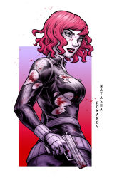 Rule 34 | 1girl, black bodysuit, black widow, blood, blood on body, blood on clothes, blood on face, blood on hands, bloody weapon, bodysuit, breasts, character name, commentary, english commentary, gun, handgun, highres, holding, holding gun, holding weapon, large breasts, marvel, medium hair, natasha romanoff, parted lips, red hair, renedraws, sideboob, solo, twisted torso, upper body, weapon
