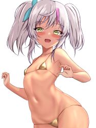 Rule 34 | 1girl, ahoge, bikini, comandante cappellini (kancolle), dark-skinned female, dark skin, flat chest, gold bikini, green eyes, grey hair, highres, kantai collection, long hair, montemasa, multicolored hair, navel, open mouth, pink hair, simple background, solo, streaked hair, swimsuit, twintails, white background